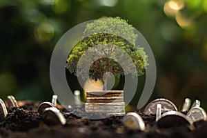 coins stack with step growing plant and sunshine background. concept saving money