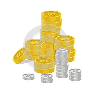 Coins stack vector illustration, flat coin money stacked flat icon, golden penny cash pile, treasure heap isolated on color