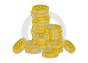 Coins stack vector illustration, flat coin money stacked flat icon, golden penny cash pile, treasure heap isolated on color