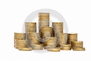 Coins stacked on each other in different positions, Money saving, financial risk management, business investment