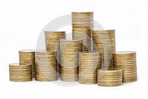 Coins stacked on each other in different positions, Money saving, financial risk management, business investment, White background