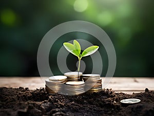 The coins are stacked on the ground and the seedlings are growing on top, the concept of saving money and financial growth