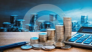 Coins stacked on a wooden desk with a pen and calculator. Concept of business and finance