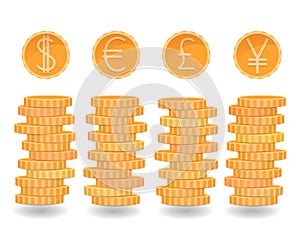 Coins stacks, dollar, euro, pound, yen coins, different currencies, golden coins, metal money rouleau, vector money