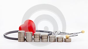 Coins, stethoscope and red heart ,Saving money for Medical expenses and Health care concept