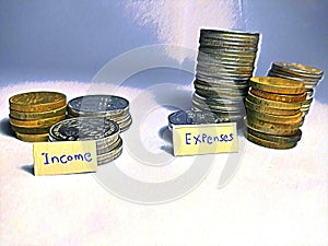 Coins with text income and expenses showing more expenses than income