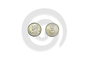 Coins of Thailand 1 baht, B.E.2520 A.D.1977 isolated on white front and back side 01