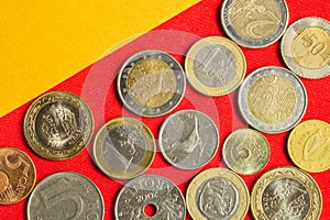 Coins of the various countries. many metal coins of different denominations and different countries. finance background