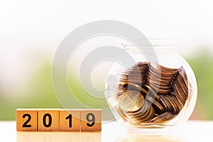Coins and wood block word 2019 on nature background. money saving.