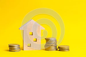 Coins and wooden house on a yellow background. Concept of real estate. Buying, selling and renting a house. Loan for an apartment,