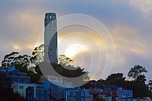 Coit Tower as view from Oakland Bay Bridge in San Francisco - CA