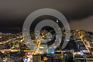 Coit Tower at Night in Fog