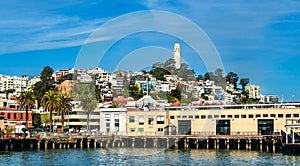 Coit Tower on Telegraph Hill as seen from Pier 7 in San Francisco, California