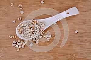 Coix-seeds in a ceramic spoon--a traditional chinese medicine--a traditional chinese medicine