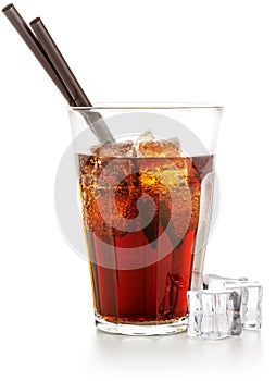 Coke glass and ice cubes on white background