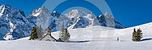 Col du Lautaret, winter view on the glaciers and mountain of La Meije. Hautes-Alpes, Ecrins National Park, Alps, France photo