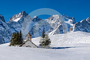 Col du Lautaret, Hautes-Alpes, Ecrins National Park, Alps, France: Winter view on the glaciers with La Chappelle des FusillÃ©s