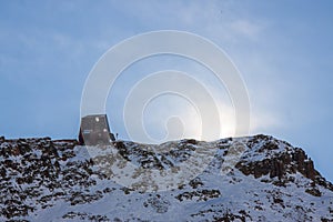 The Col Margherita cable car on a sunny winter day. Passo San Pellegrino. Moena.