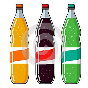 Cola bottle glass.Lemonade plastic bottles.Orange soda.Cold drinks.