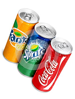 Coca Cola, Fanta and Sprite cans isolated on white