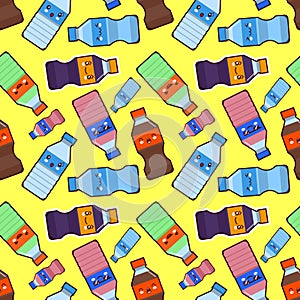 Cola character cartoon plastic bottles,Seamless pattern,sparkling water flat vector illustration