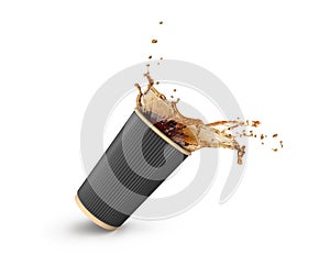 Cola or coffee splash in paper cup isolated