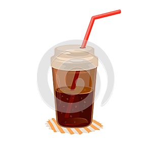 Cola or coke beverage in closed cup with straw on napkin. Sweet carbonated soft brown drink.