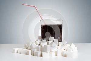 Cola drink in glass and many sugar cubes around. Unhealthy eating concept