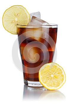 Cola drink lemonade softdrink in a glass with lemon isolated on white