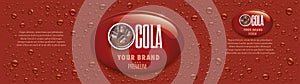 Cola drink packaging with many drops and ice cubes in drink