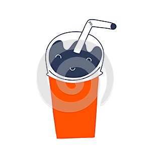 Cola drink in paper cup with lid and straw. Vector doodle art, disposable glass for sweet soda drink. takeout fast food