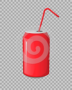 Cola drink in a red metal bank bottle cup with sticks isolated Vector Illustration on a transparent background. Aerated