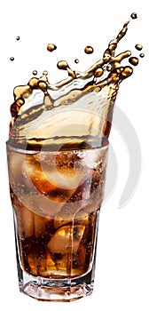 Cola glass with ice cubes and drink splash.