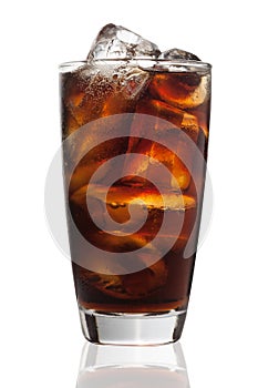 Cola glass with ice cubes on a white