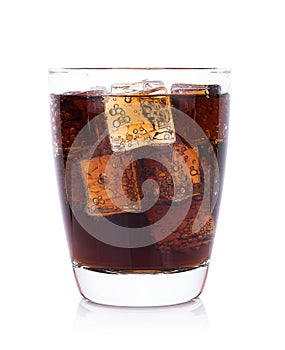 Cola in glass with ice cubes on white background