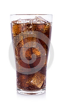 Cola in glass with ice cubes on white background