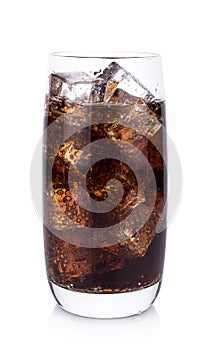 Cola in glass with ice cubes on white background
