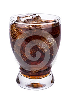 Cola in glass with ice cubes on white background