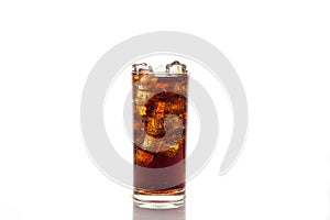 Cola in glass and ice isolated on white background