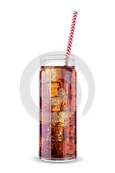 Cola in glass with straw and ice cubes on white background