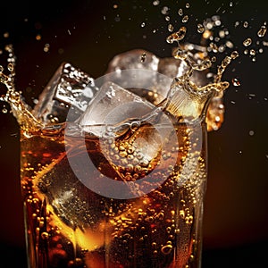 Cola with Ice. Close up of the ice cubes in cola water. Texture of carbonate drink with bubbles in glass. Cola soda and