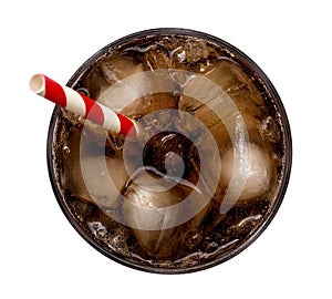 Cola with ice cubes in glass with red spiral straws top view isolated on white background, path