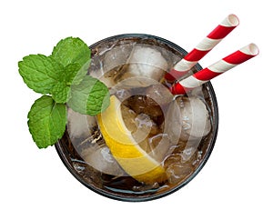 Cola with ice cubes and yellow lemon sliced in glass top view isolated on white background, path