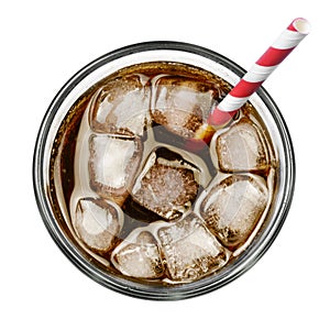 Cola with ice and drinking straw