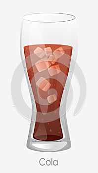 Cola ice glass. Red cola drink high glass highball with ice cubes.