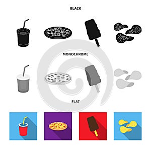 Cola, pizza, ice cream, chips.Fast food set collection icons in black, flat, monochrome style vector symbol stock