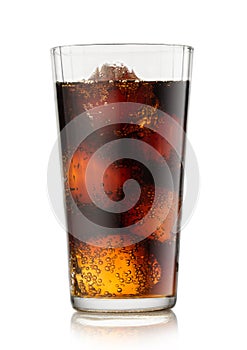 Cola soda drink with ice cubes and bubbles on white background