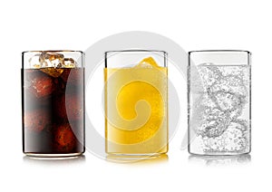 Cola soft drink with orange and lemonade soda with ice cubes and bubbles on white background