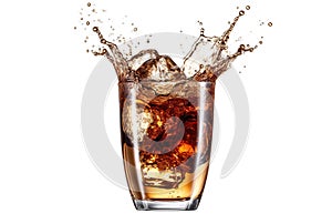 Cola Splash with Ice and Bubbles on White