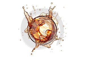 Cola Splash with Ice and Bubbles on White